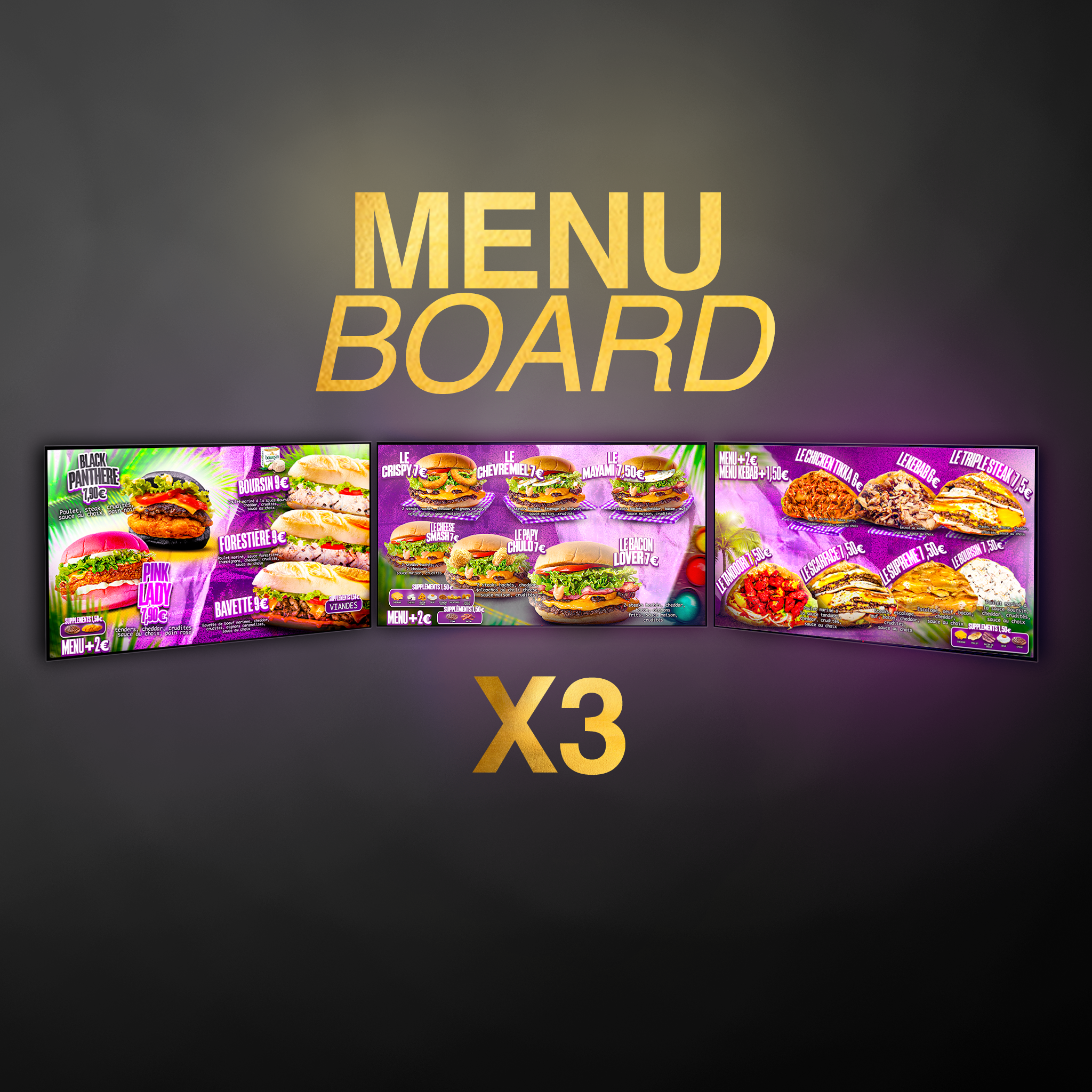 3 menu boards promotionnels modernes avec design accrocheur.