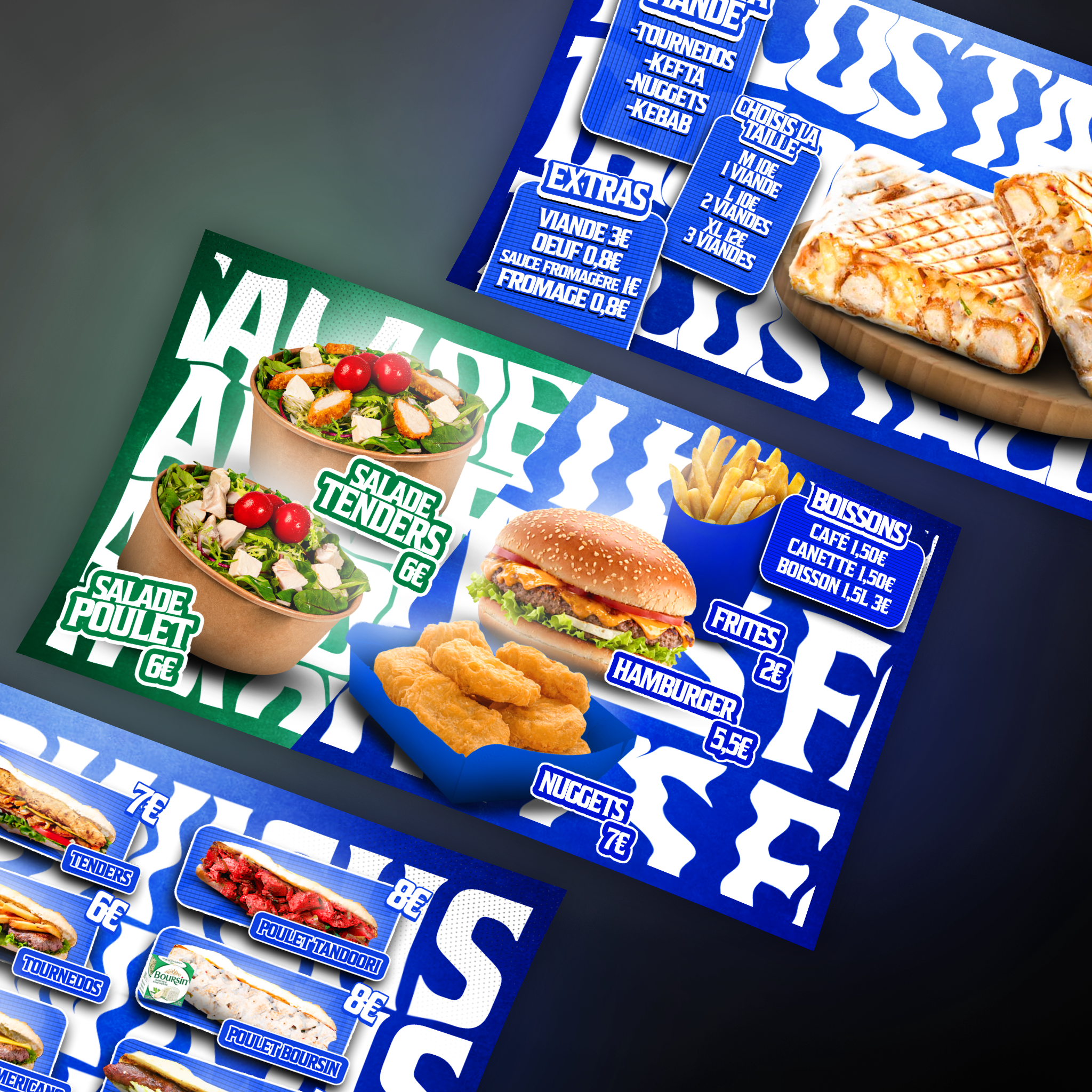 3 menu boards promotionnels modernes avec design accrocheur.