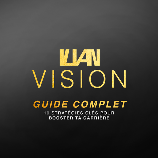 Couverture du Guide Complet Vision avec texte doré sur fond noir pour booster carrière design et vente.