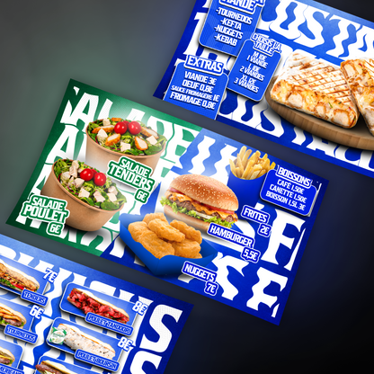 3 menu boards promotionnels modernes avec design accrocheur.